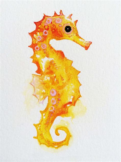 Watercolor Seahorse Art Original Watercolor Golden Seahorse