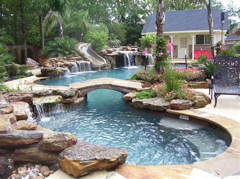 Natural Mossrock Waterfall Pool With Slide Beach Entry And Small River Dream Backyard Pool