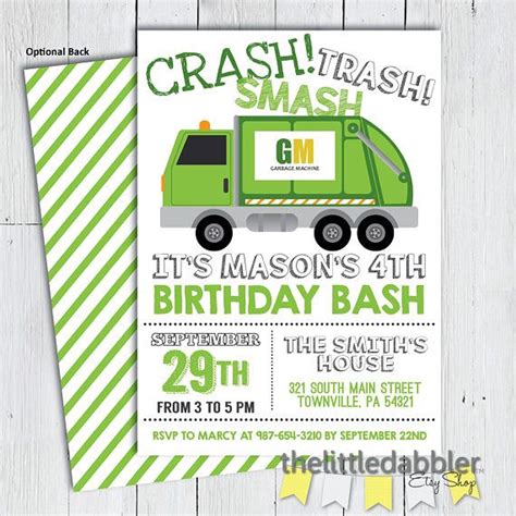 Printable Garbage Truck Birthday Party Invitation Recycling Trucks