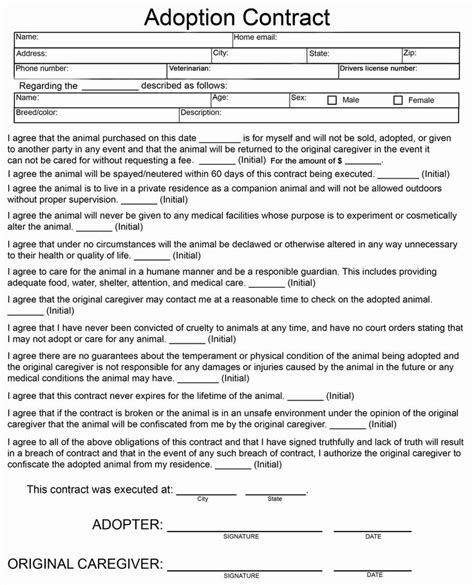 Dog Training Contract Template Lovely Simple Adoption Contract 1 Animal