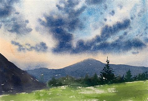 Original Watercolour Painting Mountains Clouds Grass Sunset Etsy
