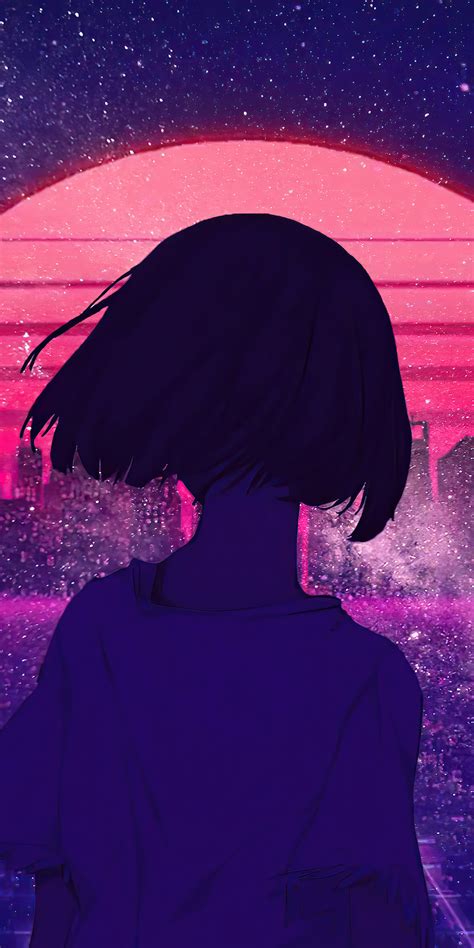 1080x2160 Synthwave Night Sunset Anime Girl 4k One Plus 5thonor 7x