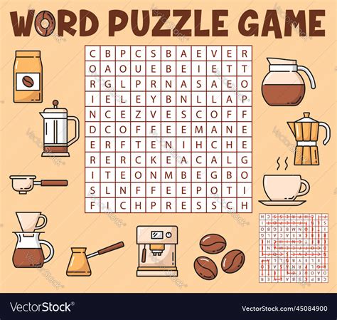 Coffee Drinks Word Search Puzzle Game Worksheet Vector Image
