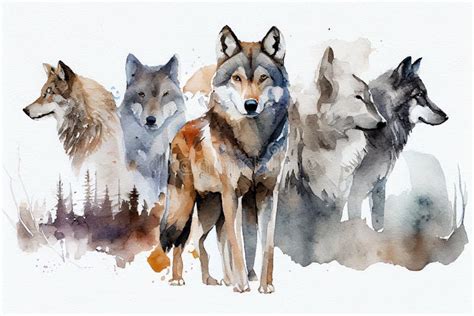Leader Of The Wolves With His Pack On The Hunt Watercolor Realistic