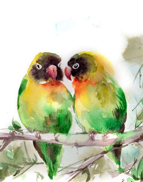 Lovebirds Fine Art Print Love Birds Couple Watercolor Bright Colors