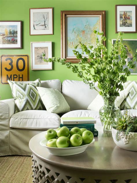 Crisp Apple Green Living Room With Neutral Sofa And Framed