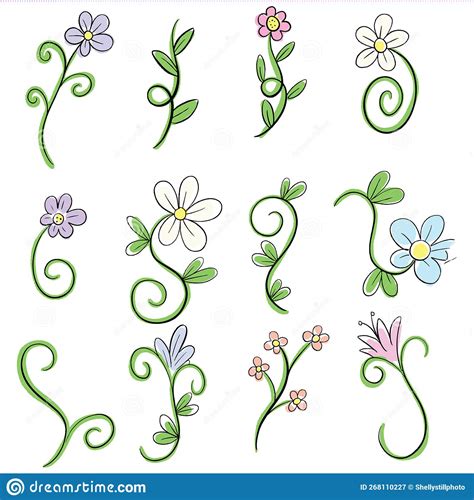 Floral Line Art Flowers And Leaves Doodle Illustrations In Vector Stock