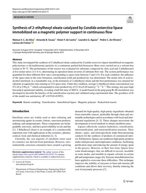 Synthesis Of 2 Ethylhexyl Oleate Catalyzed By Candida Antarctica Lipase