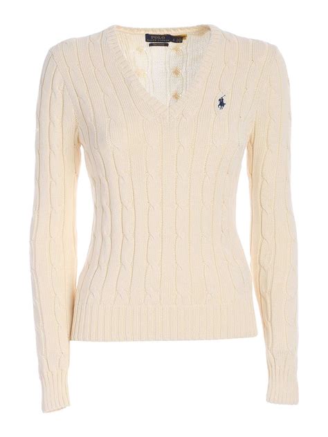 V Necks Polo Ralph Lauren Logo Embroidery Sweater In Cream Color