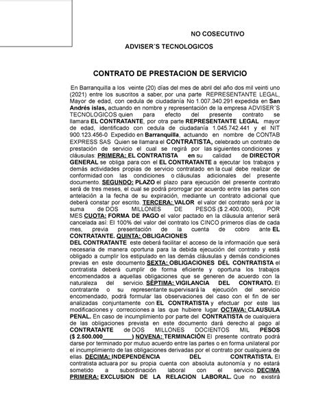 Modelo Contrato Prestación DE Servicio NO COSECUTIVO ADVISER S