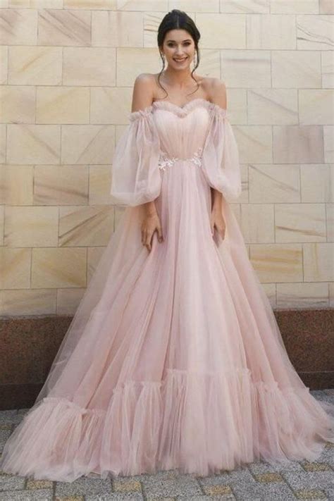 Puffy Sleeves Pink Tulle Formal Gown Sweetheart Wedding Dress Prom Dresses Long Off Shoulder