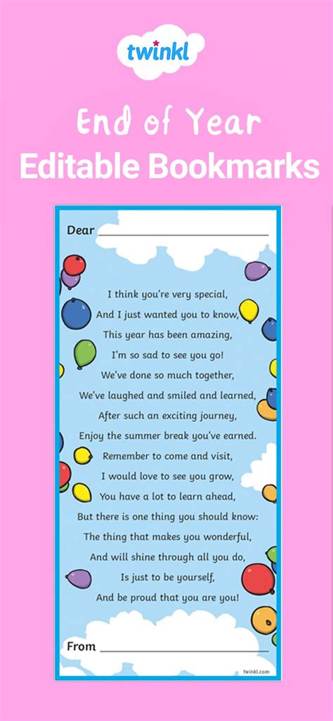End Of Year Poem Editable Bookmarks Poems For Students Preschool