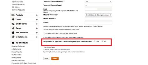 80 % of the amount against your fixed deposit (fd) will be your credit card limit. ICICI Fixed Deposit : ICICI Bank Fixed Deposit Schemes Online 2020