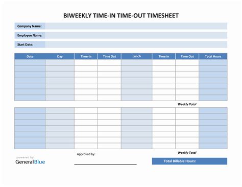 Excel Biweekly Time In Time Out Timesheet