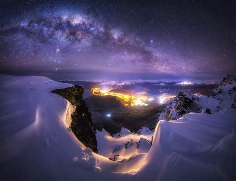 Landscape Nature Milky Way Galaxy City Starry Night Mountains