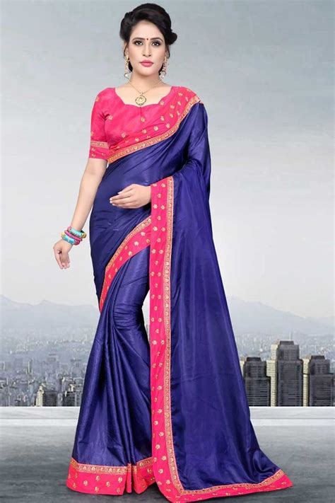 Blue Occasional Wear Silk Plain Sadi With Lace Border And Blouse Piece