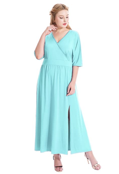 Womens Plus Size Sexy Surplice V Neck Ruched Empire Waist Maxi Evening