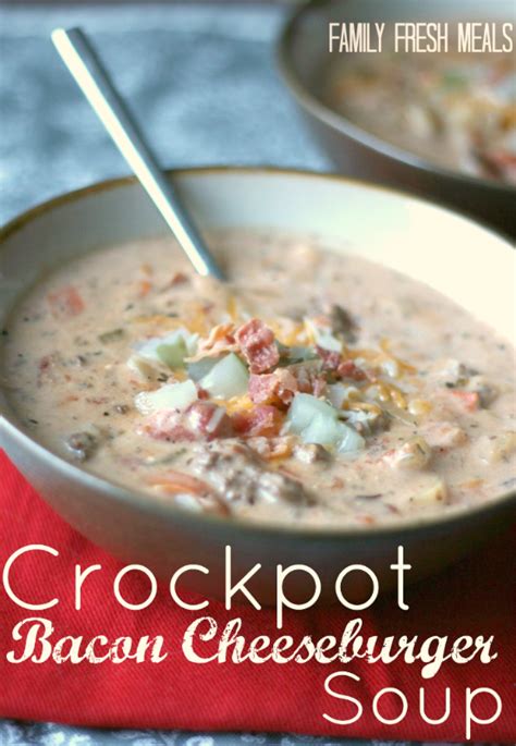 This slow cooker cheeseburger soup is filled with ground beef, lots of veggies all in a creamy, cheesy soup. Crockpot Bacon Cheeseburger Soup - A family favorite soup ...