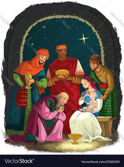 Nativity Scene With Jesus Mary Joseph Three Kings Vector Image
