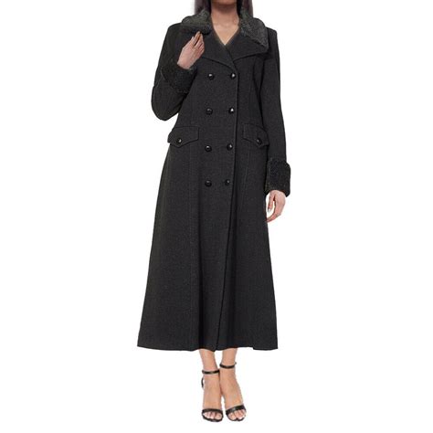 De La Creme Women`s Winter Wool Cashmere Military Long Coat Faux Fur