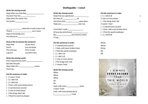 Song Worksheet I Lived By Onerepublic One Republic Words Of Hope