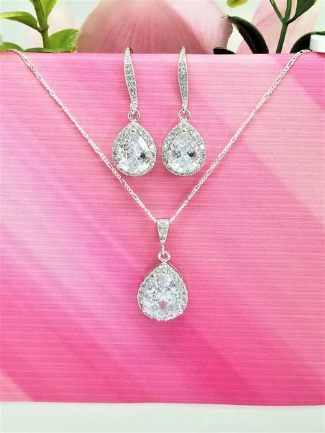 Cubic Zirconia Crystal Drop Wedding Earrings And Necklace Set Etsy