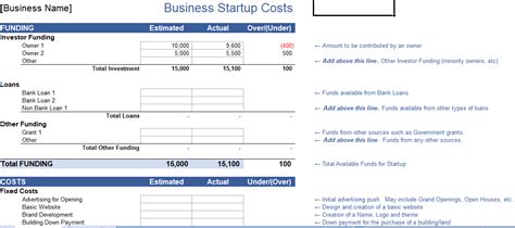 Business Start Up Costs Excel Template Free Download