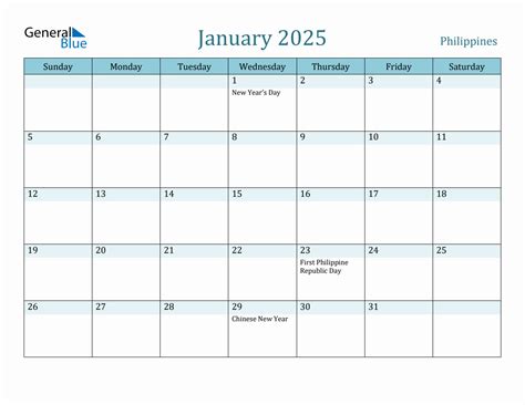 Philippines Holiday Calendar for January 2025