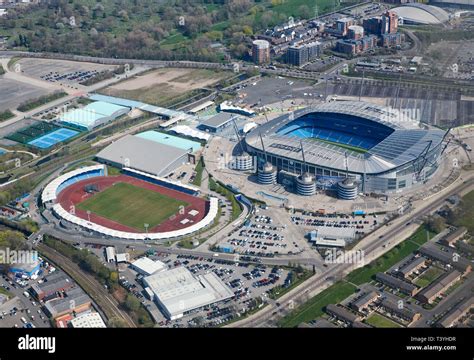 An Aerial View Of Manchester City Etihad Stadium Complex North West