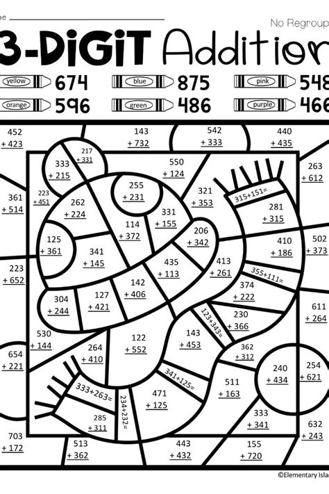 3 Digit Addition Winter Themed Color By Code Math Coloring Worksheets