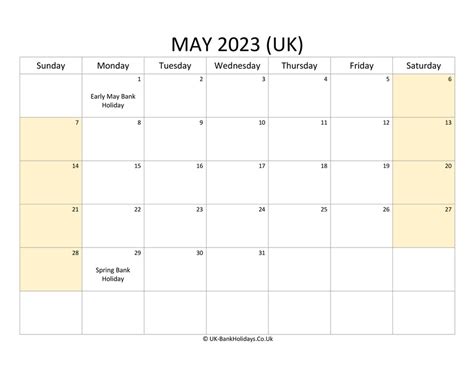 May 2023 Calendar Printable With Bank Holidays Uk