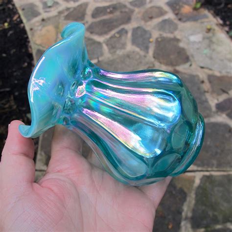 Fenton Aqua Blue Opal Flute And Dot Carnival Glass Vase Whimsey Carnival Glass