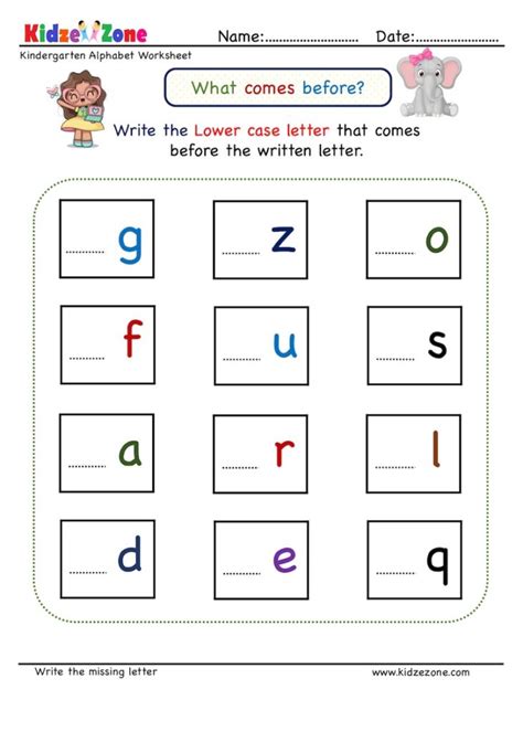 Alphabet may refer to any of the following: Kindergarten Missing Letter Worksheet - What Comes Before