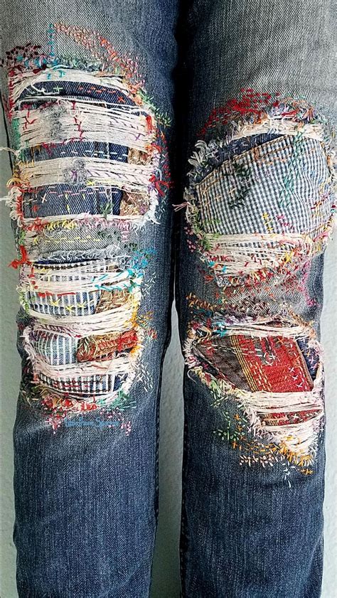 Boro Embroidery Patched Jeans Distress Girlfriend Jeans Patchwork
