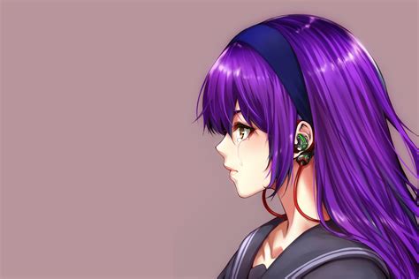 Download Brown Eyes Headband Tears Earbuds Purple Hair Long Hair Anime Original Hd Wallpaper By