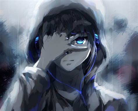 Anime Boy Wallpaper Hoodie Blue Eyes Headphones