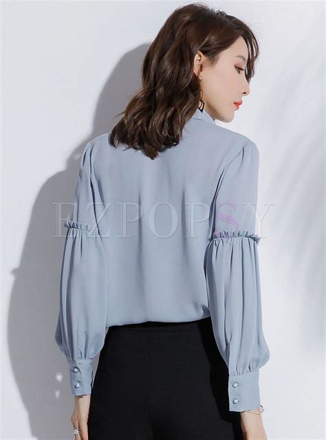 Tops Blouses Trendy Pure Color Lantern Sleeve Single Breasted