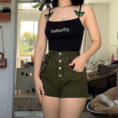 Mingalondon Green Butterfly Strappy Crop Top Grunge Outfits Edgy