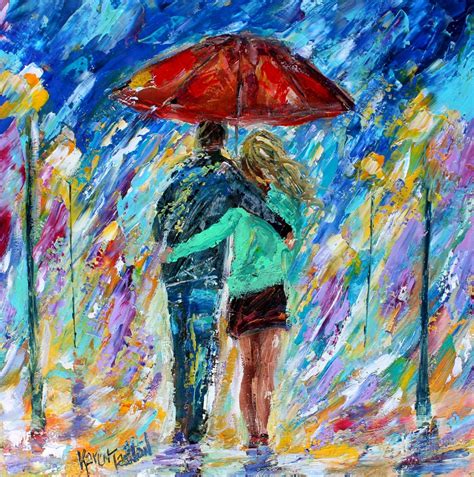 Rain Couple Red Umbrella Painting Love Art Original Oil