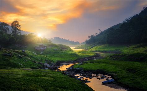 Nature Landscape Photography River Grass Sunset Trees Wallpapers