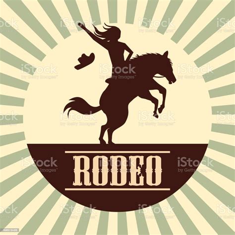 Rodeo Poster With Cowgirl Silhouette Riding On Wild Horse And Bull