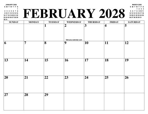 February 2028 Calendar Of The Month Free Printable February Calendar