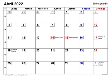 Calendario Abril 2022 En Word Excel Y Pdf Calendarpedia