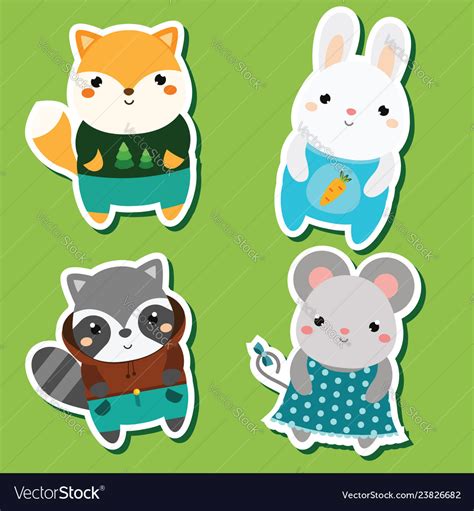 Cute Kawaii Animals Stickers Set Royalty Free Vector Image