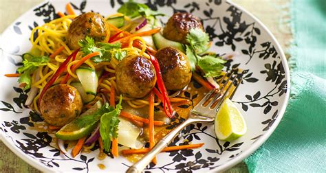 Peel off the tough outer layers of the lemon shred the chicken into strips. Thai chicken meatballs with noodle salad Recipe | That's Life! Magazine