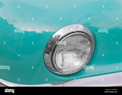 Close Up Headlight Of Colourful Classic Vintage Car Front And Side