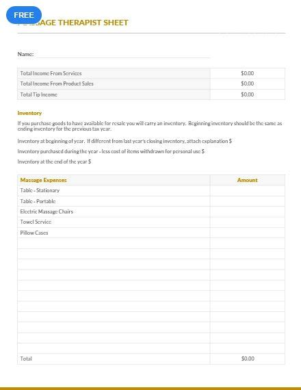 Massage Therapist Expense Sheet Template Word Excel Apple Pages