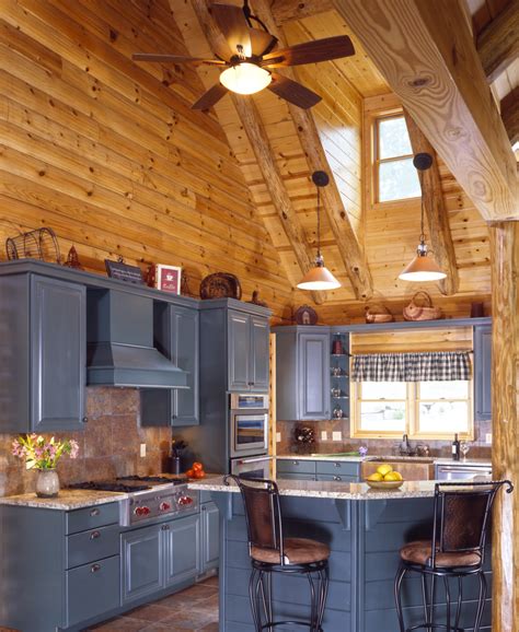 Log Home Kitchen With Colorful Cabinets Log Home Kitchens Log Cabin