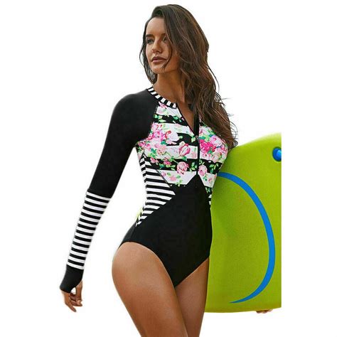Women Long Sleeve Rash Guard One Piece Swimwear Surfing Wetsuit Zipper Swimsuit Free Fast