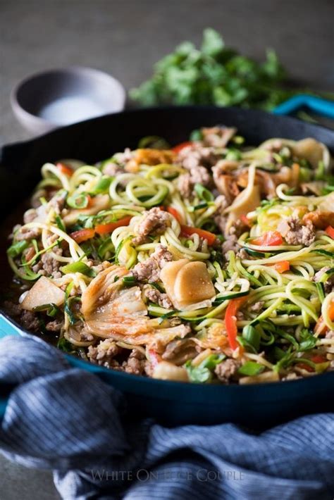 Korean noodles are noodles or noodle dishes in korean cuisine, and are collectively referred to as guksu in native korean or myeon (cf. Korean Zucchini Noodles with Pork and Kim Chi | Recipe ...